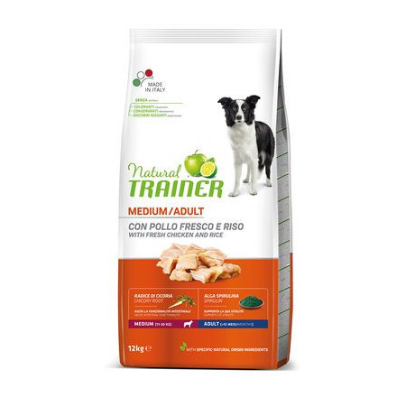 Natural Trainer Medium Adult con Pollo fresco, Riso e Aloe vera per cane 12kg