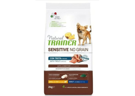 NATURAL TRAINER 2kg Sensitive No Grain Small & Toy Adult con trota e patate NATURAL TRAINER Sensitive No Grain Small & Toy Adult con trota e patate +