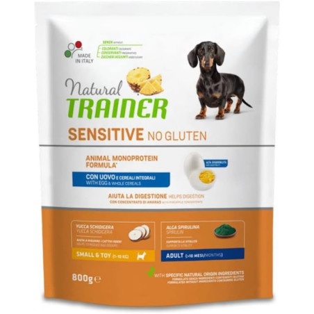 Natural Trainer Sensitive No Gluten Small&Toy Adult con Uovo e Cereali Integrali Crocchette per Cani Piccolo 800g